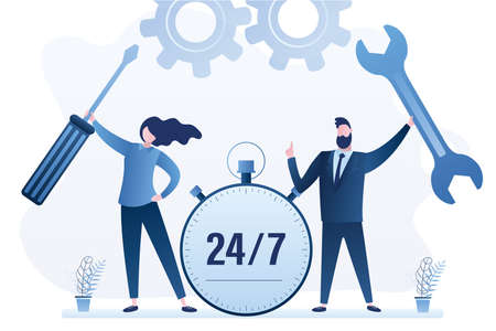 Technical support and repair concept banner. Business people hold screwdriver and wrench. Help 24...