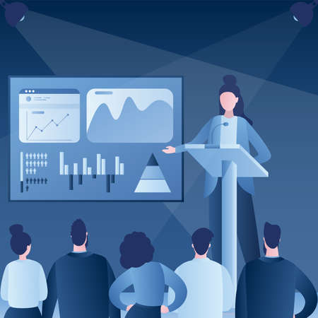 business presentation or conference. Successful businesswoman performs on rostrum in front of an audience. Financial charts and reports on board. Business training or political debate. vector illustrationのイラスト素材