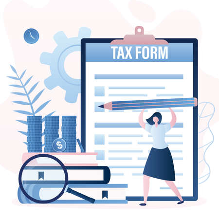 Tax time concept. Businesswoman fills paper tax form document. Account books with magnifying glass, pile of coins. Corporate Governance and Taxation. financial background. vector illustrationのイラスト素材