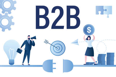 business connection. Businessman with loudspeaker and idea bulb, businesswoman holding money. Teamwork, startup and cooperation background. b2b concept. trendy blue colors vector illustrationのイラスト素材