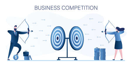 business competition concept. Cartoon businesspeople aiming targets with bows and arrows. Target...