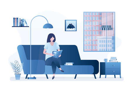 Beauty woman sitting on a sofa and reading a book or magazine. Living room interior with furniture. Education or freelance at home or in coworking. Female character in trendy style. vector illustrationのイラスト素材