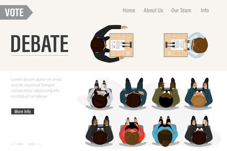 Debate before vote landing page template. Cartoon leaders of political parties conducting discussions on public debates. Election campaign. Electorate, viewers are sitting. top view. vector illustrationのイラスト素材
