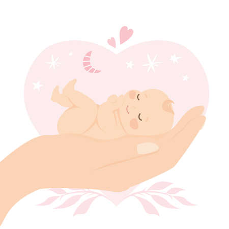 Big hand holding newborn baby. medical and child care. Insurance concept background. baby shower card template. New baby congratulations card.のイラスト素材