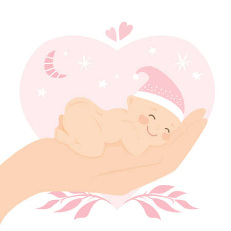 Big hand holding newborn baby. medical and child care. Insurance concept background. baby shower card template. New baby congratulations card. Cute naked baby sleep. Children's day banner. vectorのイラスト素材