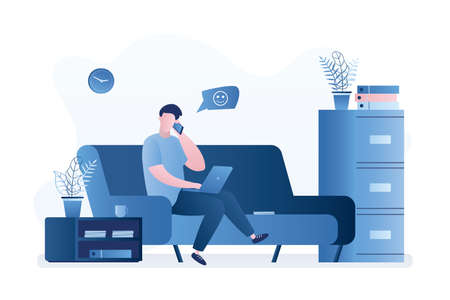 Handsome businessman or freelancer sitting on sofa. Workplace at home or modern coworking interior. Man works on a laptop and speaks on the smartphone. trendy style vector illustrationのイラスト素材