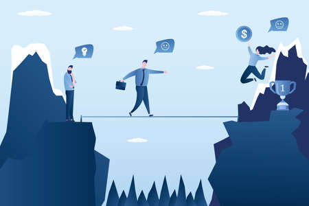 Business people overcome problems and difficulties. Tightrope between the cliffs. Business risk management, problem or success. Male employee character in danger situation. trendy vector illustrationのイラスト素材