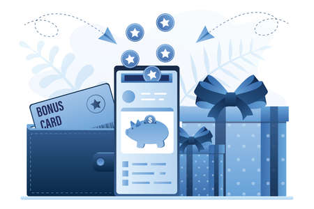 Smartphone with reward program app. Loyalty,bonus card in wallet. Prizes, gifts and cashback for clients. Ear point concept. Receive and accumulate bonuses. trendy vector illustrationのイラスト素材
