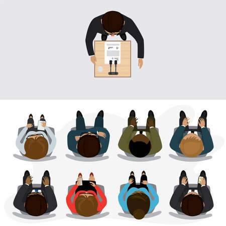 Cartoon businessman or lecturer speaks at a presentation, audience is sitting. Top view, business process. Various human characters and teacher or business trainer. flat vector illustrationのイラスト素材
