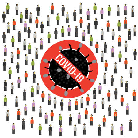 Sign virus covid-19 pandemic. Ban on public events,sports competitions. Coronavirus quarantine. global viral infection. health care concept. Group of various people. Crowd standing. flat vector illustrationのイラスト素材