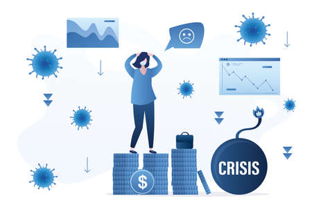 Unhappy businesswoman or investor panic. coronavirus infection attack global markets and people. Female character, business problem, crisis concept. Falling financial markets and asset sales. Vectorのイラスト素材