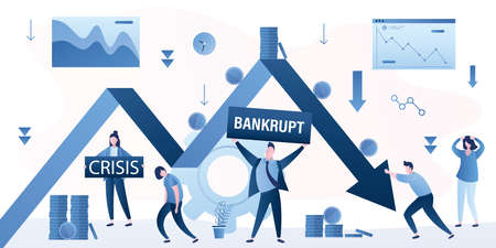 Unhappy businesspeople or investors, falling stock chart. Global finance crisis, stock market panic. Company teamwork to improve financial performance. Loss of assets and money,bankrupt. vector illustrationのイラスト素材