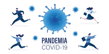 Global pandemic virus covid-19. Various people run away from viral infections. virus closeup. Humans are afraid of the disease. Characters isolated on white background. Trendy flat vector illustrationのイラスト素材