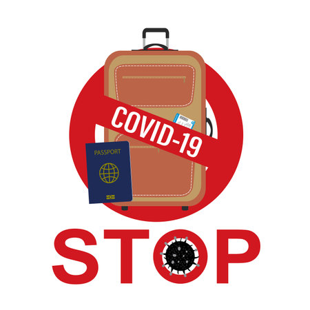 Red Stop sign, covid-19 pandemic. Ban on flights, travels and movements. global virus. health care concept. Coronavirus quarantine. Baggage,passport and boarding pass banned. flat vector illustrationのイラスト素材