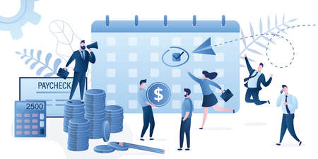 Boss pay salaries to employees. Payday calendar, calculator, paycheck and businessman use loudspeaker. Happy workers group getting paycheck cash. Funny business characters in trendy style. Vectorのイラスト素材