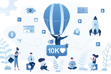Happy man flies in a balloon, getting many likes. Successful profile in social networks. Various people followers gives like and hearts. Social media and internet business. Trendy flat vector illustrationのイラスト素材