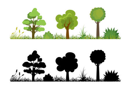 Set of cartoon different forest trees, bushes and black silhouette. Various elements of park or garden decoration, design isolated on white background. Flat vector illustration.のイラスト素材