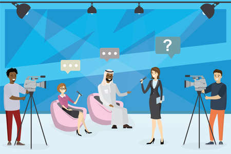 Beauty woman speaker talking with guests in modern television studio. Two business characters sitting in armchairs. Cameramen create video content. Interview, media entertainment. flat vector illustrationのイラスト素材