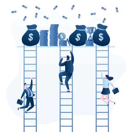 Business people climbing stairs to success. Competition career achievement goal concept. Career ladder, business banner. Group of employees rises up to money and profit.Trendy flat Vector illustrationのイラスト素材