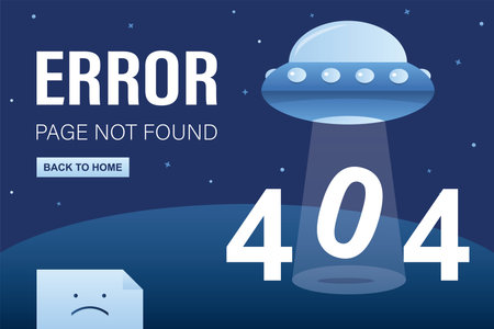 Ufo spaceship with lights. Message 404 error page not found. Aliens rocket in trendy blue colors....