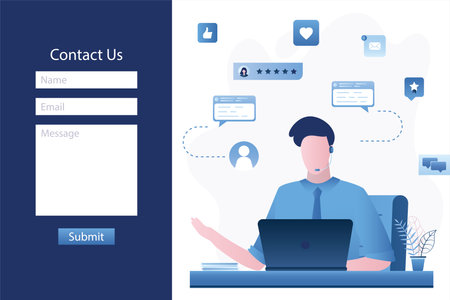 Contact us form template. Online support landing page. Customer support, chat and helpdesk concept. Handsome Man consultant or assistant talking with client. Male character helper. vector illustrationのイラスト素材