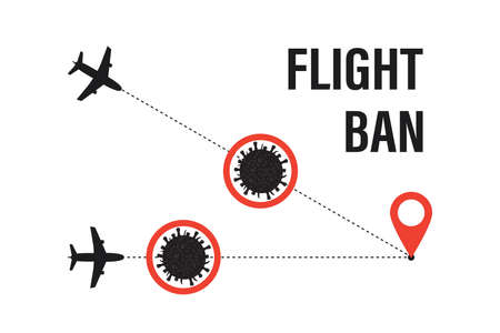 Air traffic stop. Prohibition, flight ban icon. coronavirus pandemic. Black airplane sign. Forbidden passenger air travel symbol. Airport closed sign isolated on white background. vector illustrationのイラスト素材