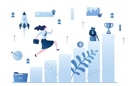 Woman employee or office clerk running on ascending diagram or stairs. Career ladder, job opportunities for growth and development at work. Gender equality in the workplace. trendy vector illustrationのイラスト素材