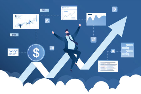 Successful happy businessman or investor sitting on growing profit chart. Growth of stock indices. Earnings in the securities market and currency. Process of investing and making profit. flat vectorのイラスト素材