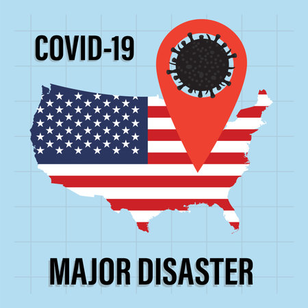 USA map with Covid-19 coronavirus in red pointer. Major disaster declaration in 50 states of US. Viral infection pandemic, warning banner. poster template. vector illustrationのイラスト素材
