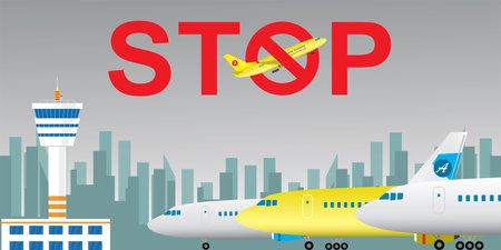 Air traffic ban. Different planes are at airport, no flights. Suspension of air traffic. stop aviation. Prohibiting sign Planes Do Not Fly. Airport building, control tower. flat vector illustrationのイラスト素材