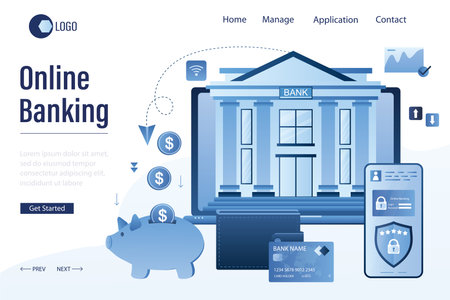 Online banking landing page template. Digital gadgets app. Web technology, internet bank, safe application. bank deposits and investments. Saving Finance. Wallet, credit card. vector illustrationのイラスト素材
