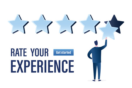 Businessman puts five stars rating. Positive review landing page template. Testimonials, customer feedback. Grading system. Male character back view isolated on white. client rank. vector illustrationのイラスト素材