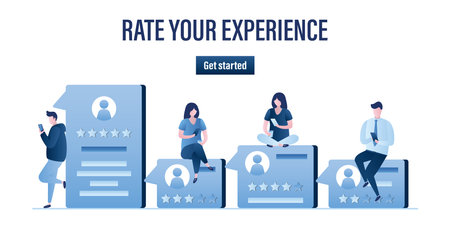 Rate your experience landing page web template. Various people with positive, negative reviews. Testimonials, customer feedback. grading system. Tiny people use smartphones. client rank. flat vectorのイラスト素材