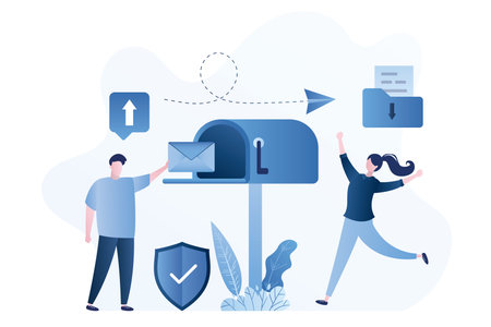 Mail feedback concept banner. Open mailbox, man send email. happy businesswoman receive message. post service. Internet communication, feedback. digital marketing. social chatting. vector illustrationのイラスト素材