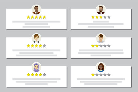 Set of positive, negative reviews. Messages with various people avatars. Testimonials template for web. customer feedback. grading system. quality business work. client rank. flat vector illustrationのイラスト素材