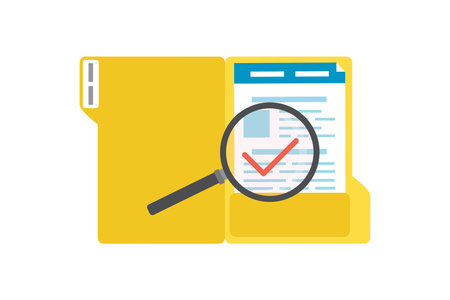 search file banner. Cartoon magnifying glass and yellow open folder with documents. File manager, data storage and indexing. File search concept. flat vector illustrationのイラスト素材