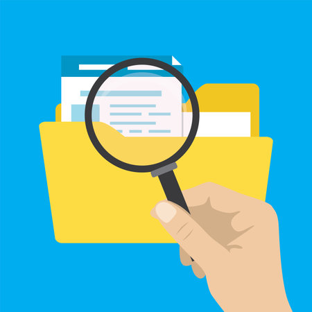Folder with documents and cartoon hand holding magnifying glass. File search. File manager, data storage and indexing. Design isolated on blue background. flat vector illustrationのイラスト素材