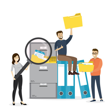 Group of office clerks or employees searching file. File binders, yellow folders with documents. File manager, data storage and indexing. Files search process concept, teamwork. vector illustrationのイラスト素材