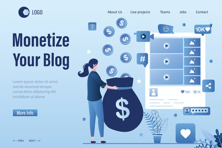 Monetize your blog landing page template. Businesswoman blogger creates media content and receives payments. Advertising revenue, earnings. Online business, marketing in social media. vector illustrationのイラスト素材
