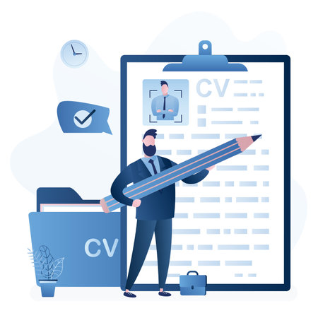 Businessman job seeker hold big pencil and write cv. Resume of candidate with avatar. Unemployment, workless male character searching job. Folder with papers. flat design. trendy vector illustrationのイラスト素材