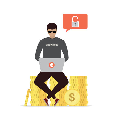 Cartoon man using laptop sits on stack of gold coins. Hacker at work, anonymous attacking computer network.Data protection concept. Spamming, virus attack. Hacker steal passwords. vector illustrationのイラスト素材