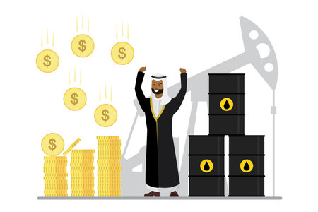 Happy arabic businessman sell petroleum. Middle east person with huge money profit and stack oil barrels. Oil industry refining process petroleum. cartoon muslim character. flat vector illustrationのイラスト素材