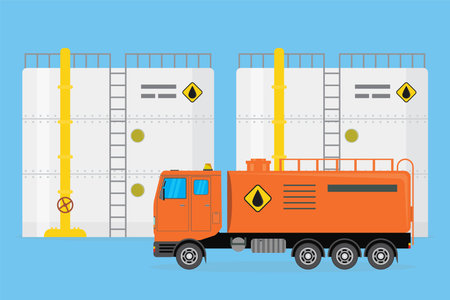 Storage and transportation of petroleum products. Two steel oil storage tanks and oil industry trucks. Metal petroleum reservoir and vehicle. Scene from the oil industry. flat style vector illustrationのイラスト素材