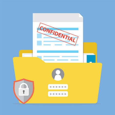 Yellow folder with confidential documents. Sensitive data and information. data protection. Secure account, profile login and password. paperwork in office. flat vector illustrationのイラスト素材
