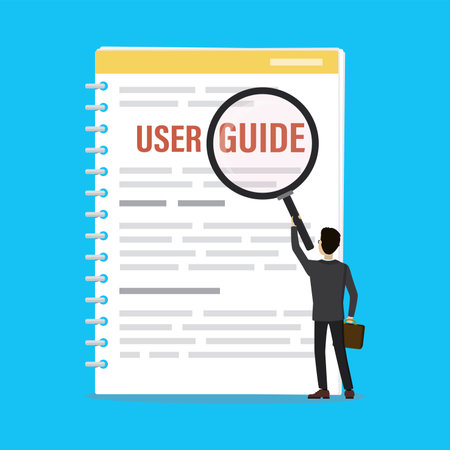 Businessman holds magnifying glass. Male character reads and studies user guide or FAQ. Cartoon textbook isolated on blue background. User manual or tutorial concept. flat design vector illustrationのイラスト素材