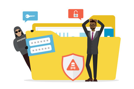 Data protection, ineffective antivirus or firewall. Sensitive data, unhappy businessman with yellow folder. Hacker attack, network piracy danger. Hacker steals passwords and information. flat vectorのイラスト素材