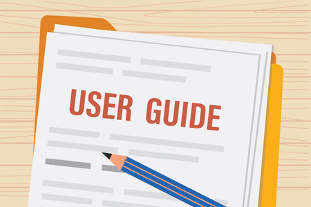 User guide with pencil. Paper sheets and folder on table. User manual top view. FAQ, guidance. Reading and studying instructions. cartoon textbook. horizontal banner. flat design vector illustrationのイラスト素材