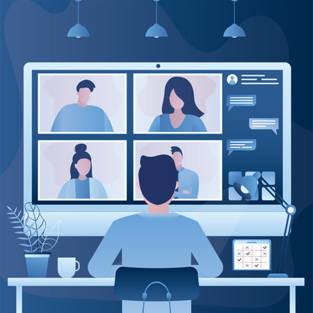 Businessman or man employee sits in front of monitor screen, back view. Video conference, teamwork. Online meeting work form home. Male character in trendy style. flat vector illustrationのイラスト素材