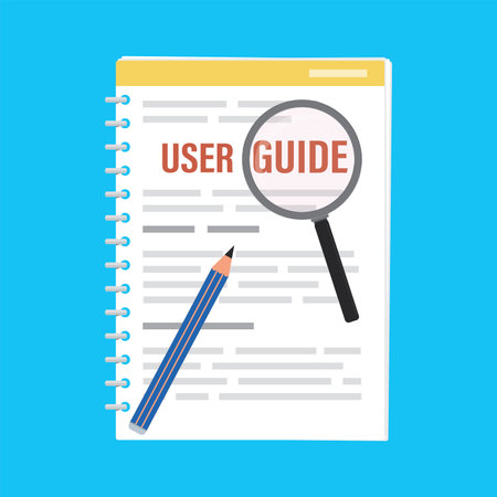 User guide with magnifying glass and pencil. User manual top view. FAQ, guidance. Cartoon textbook isolated on blue background. flat design vector illustrationのイラスト素材