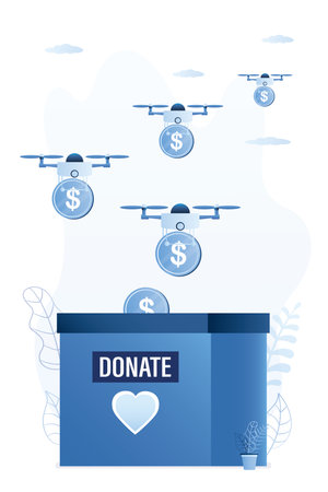Technology of charity donation, concept banner. Social responsibility, group of drones or quadcopters puts money into box. Big donation box. support and help. flat design vector illustrationのイラスト素材